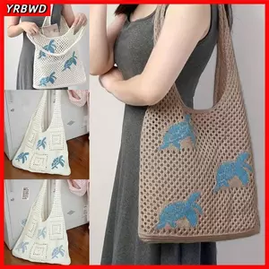 Túi đeo vai dệt kim YRBWD, Tote dệt kim rỗng, Túi xô màu nâu hoạt hình dung tích lớn kỳ nghỉ