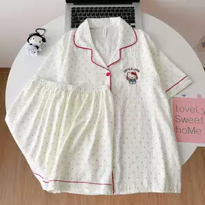 Bộ đồ ngủ vải cotton mây mùa hè cho nữ,áo ngắn tay, quần đùi, cổ bẻ, dáng suông; bộ đồ mặc nhà cho nữ