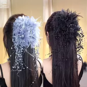 Kẹp AWNGD, Vuốt Tóc Tua Rua Bốn Hoa, Ngọc Trai Hoa Lông Vũ Thời Trang Vải Cá Mập Kẹp Cho Bé Gái