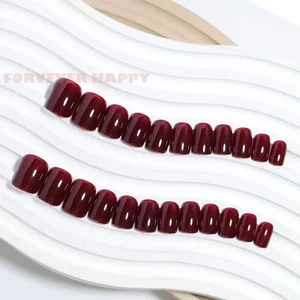 24 Chiếc Móng Tay Giả Vuông Ngắn Burgundy - Nhựa Chống Thấm Nước Để Mặc Tiệc Hàng Ngày