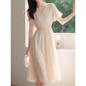 Mùa hè Phong cách mới dành cho nữ Đơn giản Phong cách hào phóng Váy voan ngắn tay phong cách mát mẻ Váy dài màu trơn