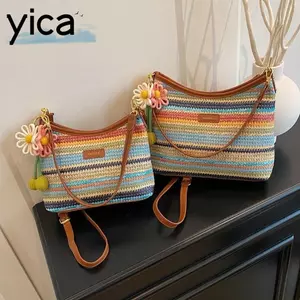 Túi Tote dệt sọc cầu vồng YICA, Túi đeo vai dệt công suất lớn màu cầu vồng, có khóa kéo có thể điều chỉnh Dây đeo dệt kim Hobo Túi thường ngày