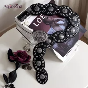 AqToCna Phong Cách Vintage Nữ Giả PU Thắt Lưng Hình Bầu Dục Đinh Tán Bule Thắt Lưng Vintage Cá Tính Thắt Lưng AqToCna
