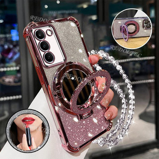 Ốp lưng Realme C100 5G 4G Vỏ lấp lánh Gradient mới có gương trang điểm Giá đỡ từ tính RealmeC100 Bảo vệ ống kính có giá đỡ dây buộc Vỏ điện thoại chống sốc