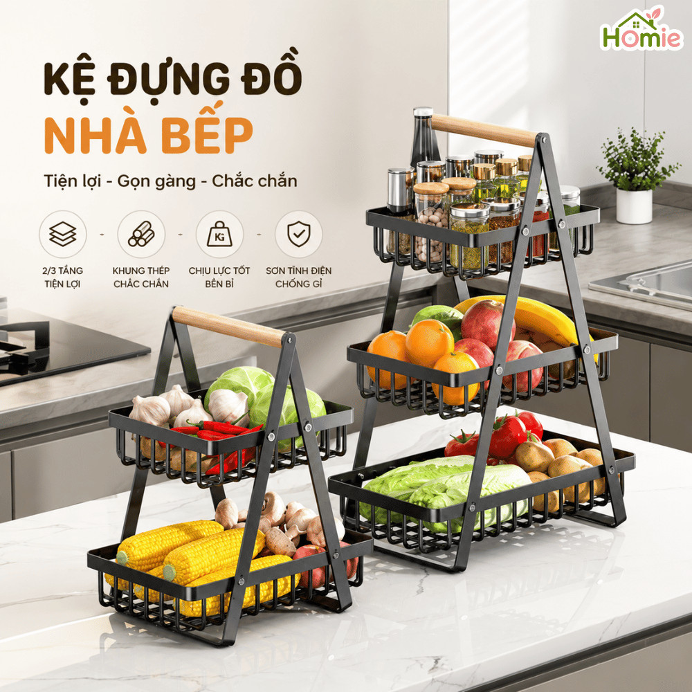 Kệ Đựng Đồ Nhà Bếp Đa Năng 3 Tầng Thép Cacbon Cao Cấp HOMIE, Giỏ Đựng Gia Vị, Trái Cây, Decor