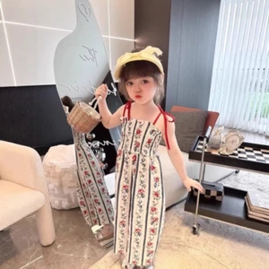 ✿ Bé Gái Sọc Hoa Spaghetti Dây Đeo Chân Rộng Jumpsuit Vintage Hoa Trẻ Em Kỳ Nghỉ Mùa Hè Áo Liền Quần