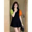Đầm tay phồng màu tương phản Slimer Look Cổ chữ V Khâu dáng rộng cao cấp mùa hè