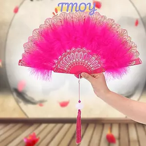 TMOY Gothic Lông Vũ Gấp Quạt Nhật Bản Ngọt Ngào Cô Gái Cổ Tích Tối Gothic Sân Khiêu Vũ Quạt Tay Có Mặt Dây Chuyền Quà Tặng Trang Trí Tiệc Cưới TMOY