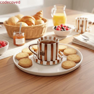 Bộ đĩa cà phê sọc CODECOVED, Cốc uống nước cổ điển bằng gốm, Cốc sữa vẽ tay chịu nhiệt sáng tạo Bữa sáng