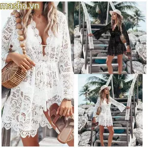 Đầm Bơi, Bikini Hoa Trắng Đen Che, Váy Đi Biển Thời Trang Ren Polyester Nữ