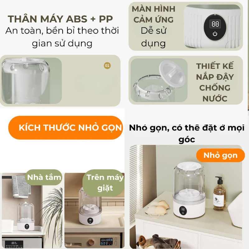 Máy Giặt Mini Không Dây 2 Chế Độ, Pin 1200mAh, Chống Nước IPX7, Giặt Sạch Đồ Lót & Tất, Tiện Du Lịch