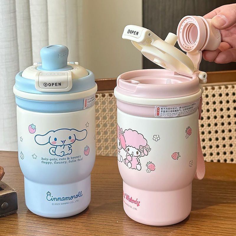 410ml Kawaii Sanrios Thermos Cup Hello Kitty Kuromi Cinnamoroll Chai uống nước ống hút dung tích lớn
