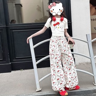 Bộ đồ bé gái Hello Kitty 2 món - Áo thun tay ngắn + quần ống rộng dễ thương