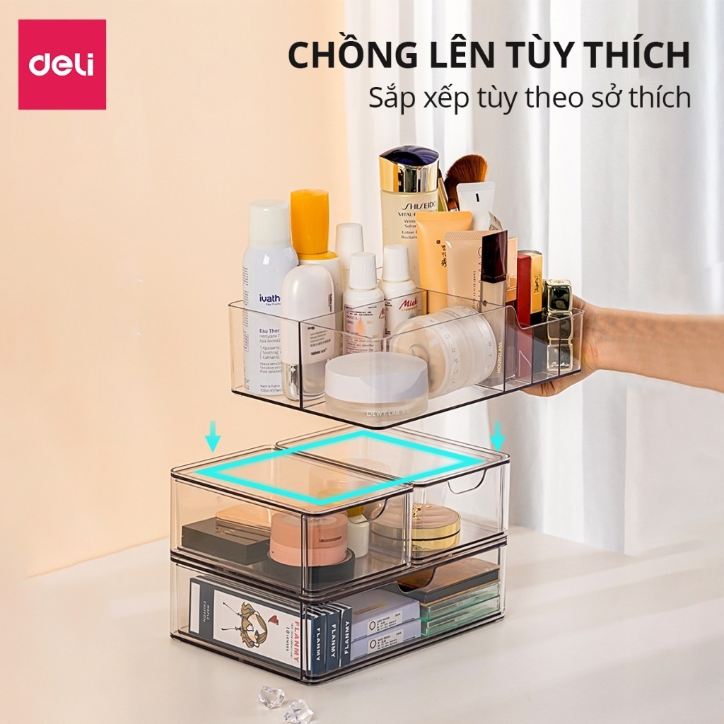 Hộp Đựng Mỹ Phẩm Trong Suốt Deli - Đa Năng - Nhiều Ngăn Có Nắp Đậy