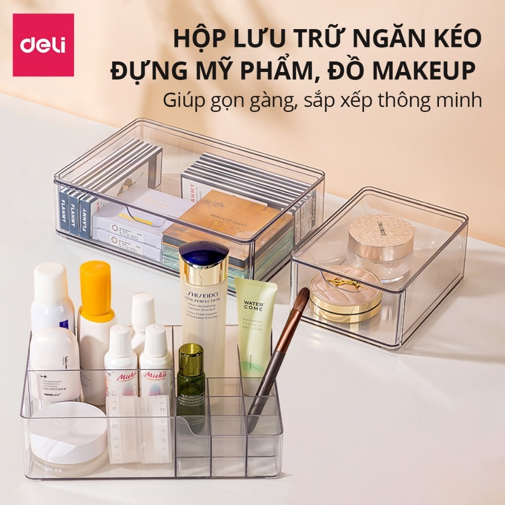 Hộp Đựng Mỹ Phẩm Trong Suốt Deli - Đa Năng - Nhiều Ngăn Có Nắp Đậy