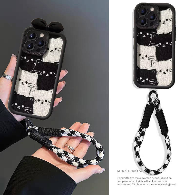 Ốp Điện Thoại Nơ 3D Mèo Đen Cho Samsung Galaxy M15 M16 F06 M20 M23 M30S M51 M31 M54 A70 A01 Vỏ Vòng Tay Dễ Thương Dây Đeo Tay Dây Buộc Hoạt Hình Silicon
