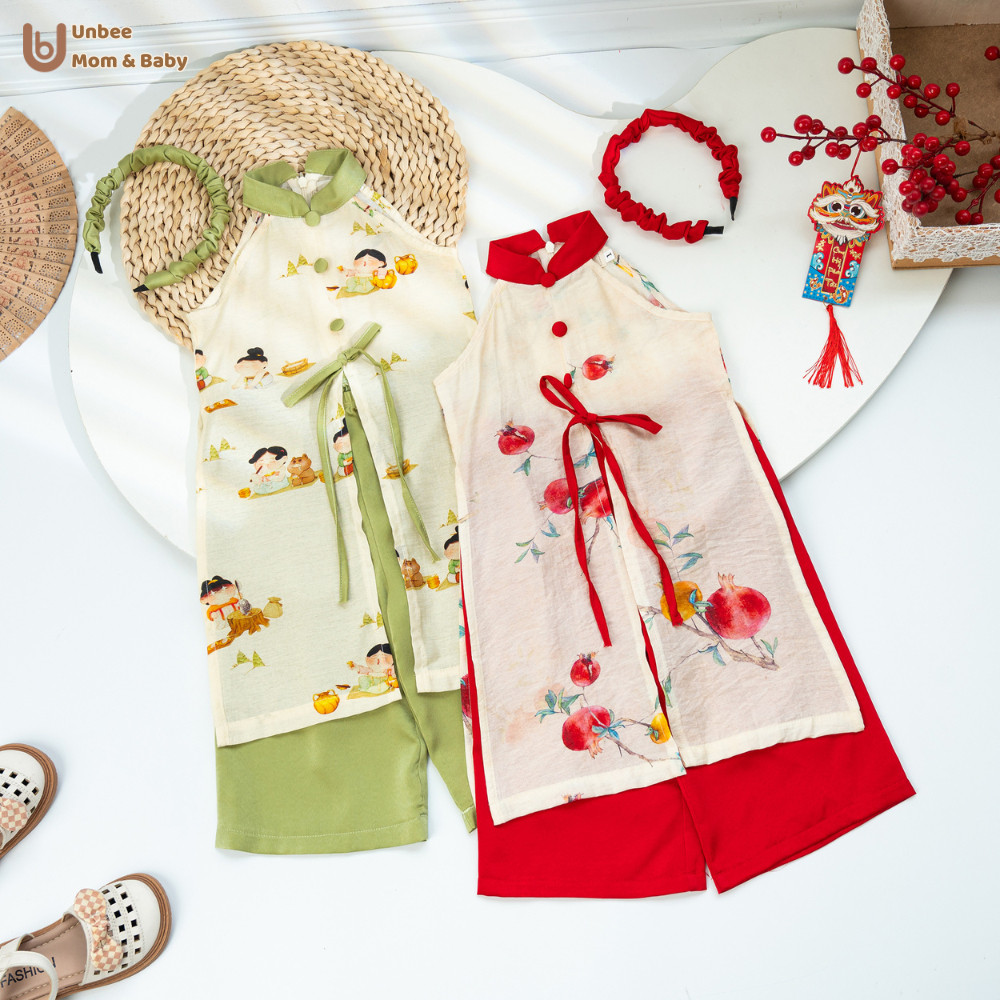 Áo dài yếm cho bé gái UNBEE 1 đến 4 tuổi chất liệu đũi tơ tằm - Áo dài trung thu cho bé gái
