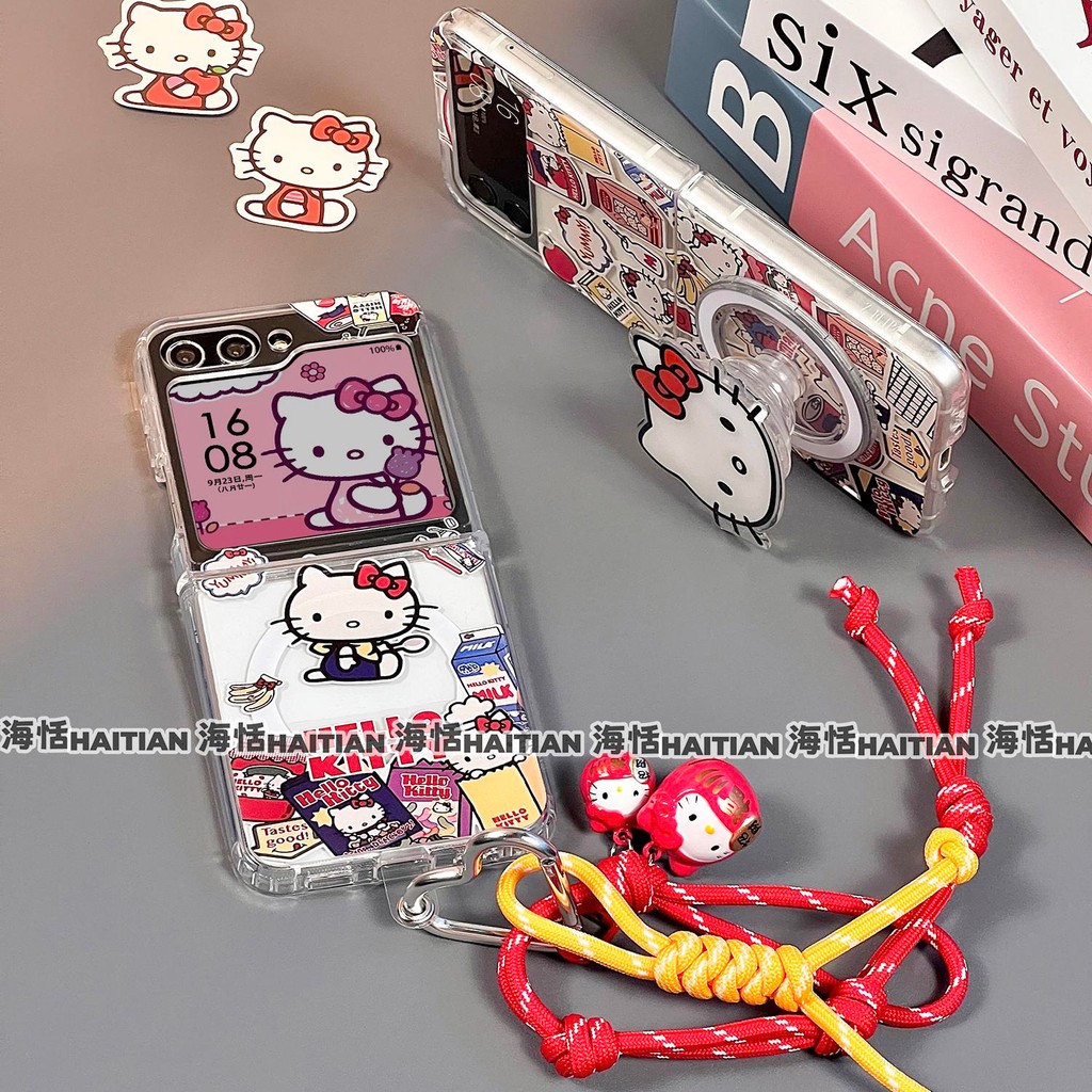 Ốp Điện Thoại Thích Hợp Cho Samsung Galaxy ZFlip7 Hoạt Hình Mèo Kitty Dễ Thương Từ Tính Giá Đỡ Vòng Tay Cho ZFlip 7 6 5 4 3 5G N3Flip MixFlip Dây Có Thể Gập Lại Vỏ Bảo Vệ Cứng
