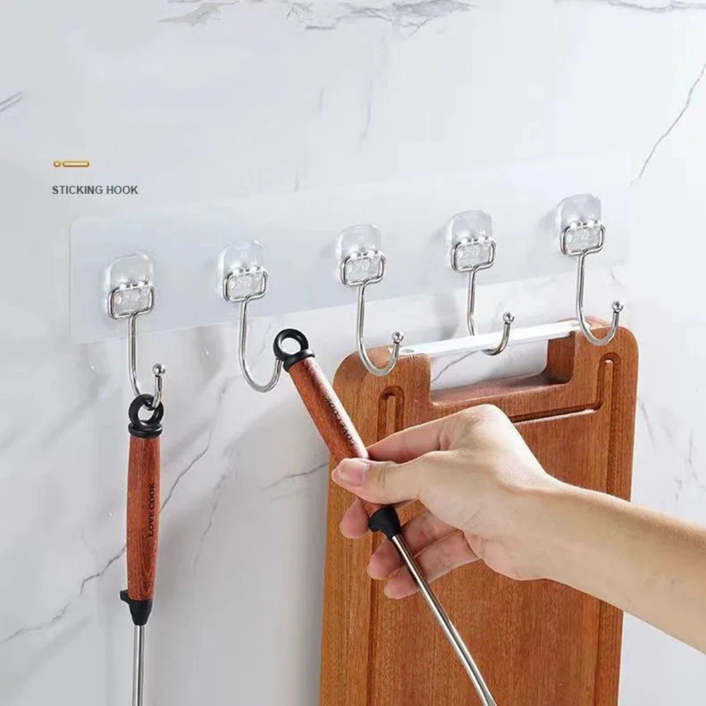 Móc thép không gỉ dính chắc chắn cho nhà bếp, Móc treo tường sáu tầng, không cần khoan