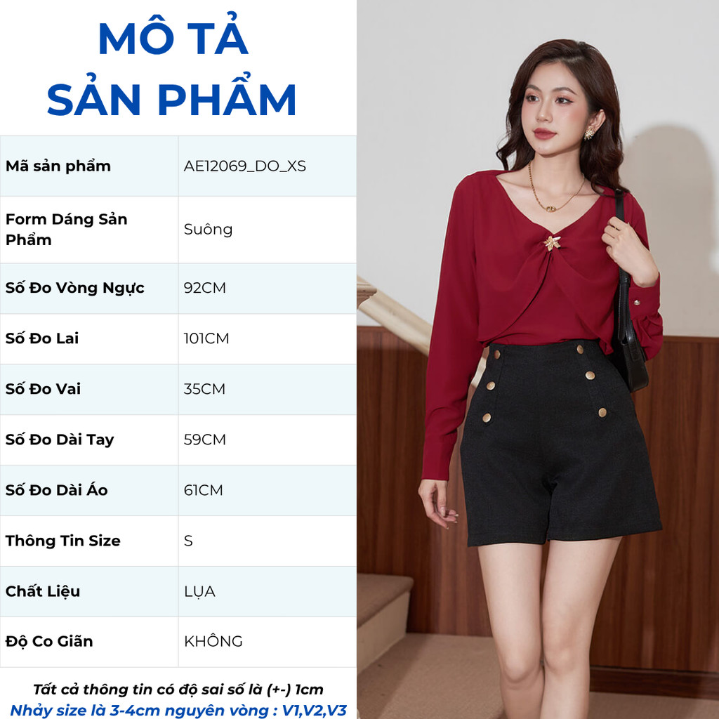 Áo Kiểu Nữ Tay Dài GUMAC Form Suông Cổ V Kèm Đính Phụ Kiện Trang Trí AE12069
