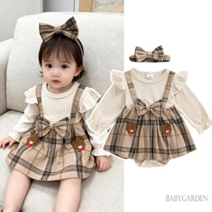 Đầm liền quần kẻ sọc bé gái thời trang thêu gấu xù bong bóng dài tay có băng đô