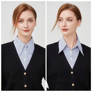 Áo sơ mi nữ cổ giả dây rút, họa tiết sọc xanh, cổ áo có thể tháo rời