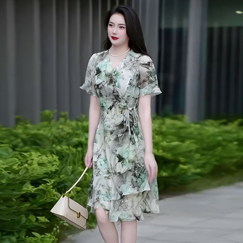 Đầm in hoa thanh lịch kiểu Pháp dành cho nữ, mẫu mới mùa hè 2026, dáng suông, đầm in tranh thủy mặc Trung Quốc.