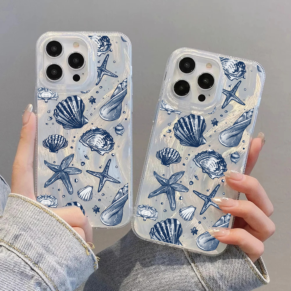 Vỏ Điện Thoại Laser Bạc Seashell Xanh Cho Samsung Galaxy S25 S26 FE S24 S23 S22 S21 Plus Ultra S20 FE Bao Acrylic Cứng Matte Chống Sốc Họa Tiết Lông Vũ