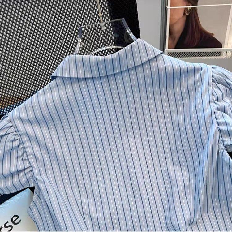 [Ưu đãi đặc biệt trong thời gian có hạn] Áo sơ mi thiết kế ngắn tay polo sọc phong cách Preppy xếp ly mùa hè Phong cách mới Sweet Spicy All-Match Top