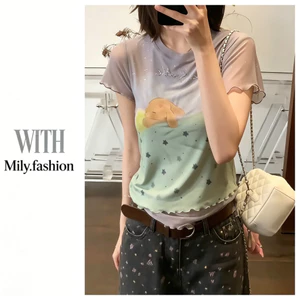 Milyfashion Dễ Thương Chấm Bi Thỏ In Hình Nóng Kim Cương Áo Thun Xù Kích Thước Lớn Tay Ngắn Ngắn Top PU7A