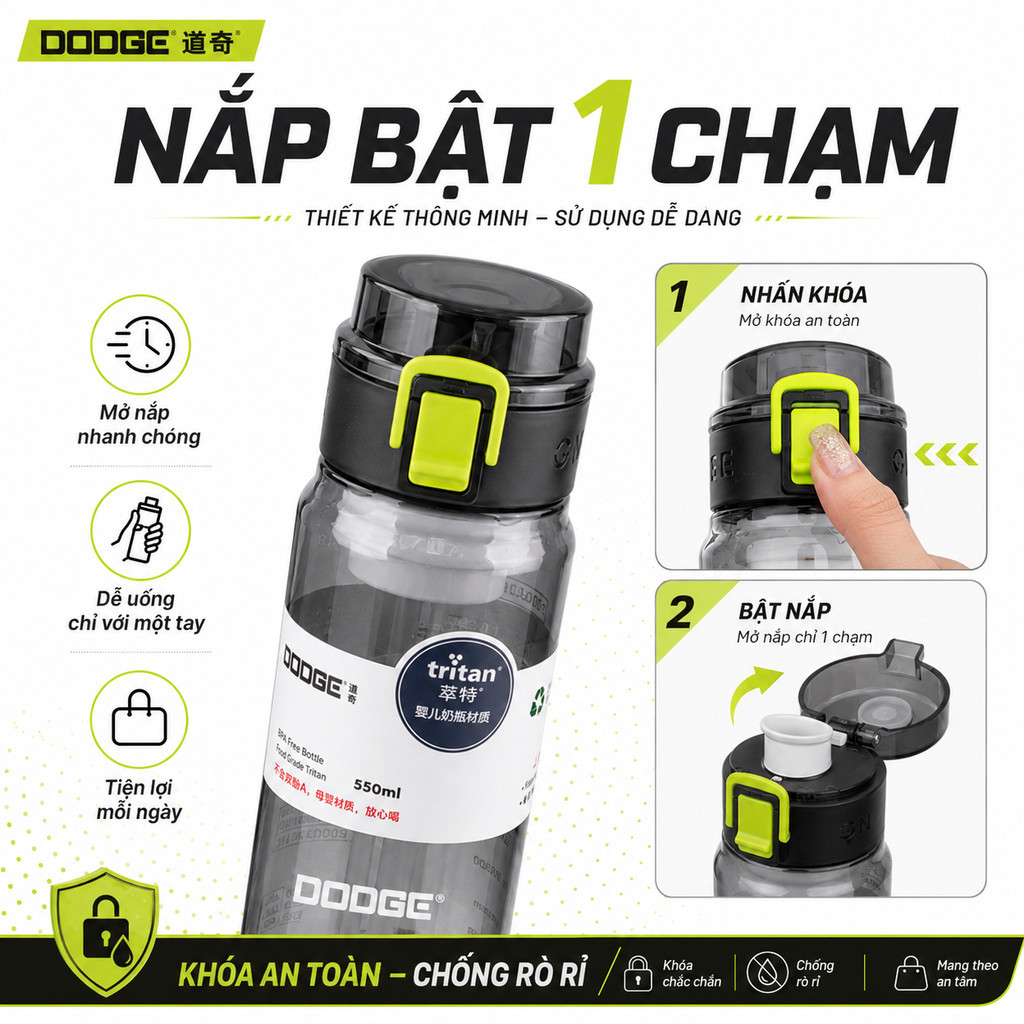 【🔥】Bình nước Tritan 550/680ml (Không BPA): Nắp 1 chạm chống rò rỉ, quai xách! Hợp đi học/làm việc