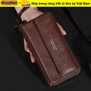 Túi ly hợp WOODNEST, Ví dài dung tích lớn hai lớp, Dây kéo thời trang PU Hộp đựng thẻ nhiều thẻ nam