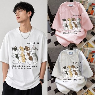 Áo thun nam nữ cổ tròn họa tiết mèo dễ thương, chất liệu cotton mềm, kiểu dáng cơ bản dễ phối nhiều đồ