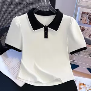 COD Hàn Quốc Màu Sắc Tương Phản Ren Viền Ve Áo Ngắn Tay Đa Năng Áo Thun Nữ MỚI