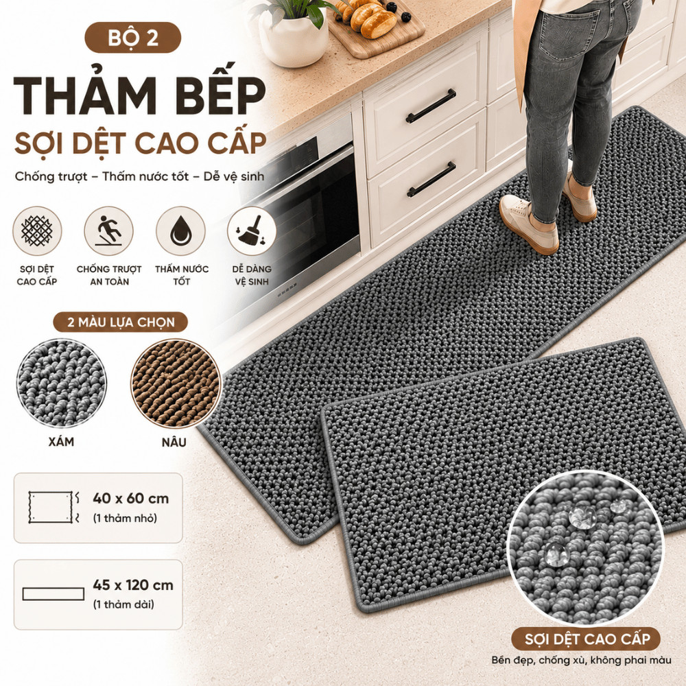 Bộ 2 Thảm Bếp Sợi Dệt Hút Nước Hút Dầu HOMIE, Thảm Trải Sàn Chùi Chân Cao Cấp Nhà Bếp Chống Trượt