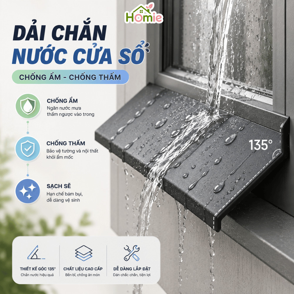 Tấm Chắn Nước Mưa Cửa Sổ HOMIE, Dải Silicone Chắn Nước Chống Thấm, Chống Dột Mùa Mưa, Dễ Lắp Đặt
