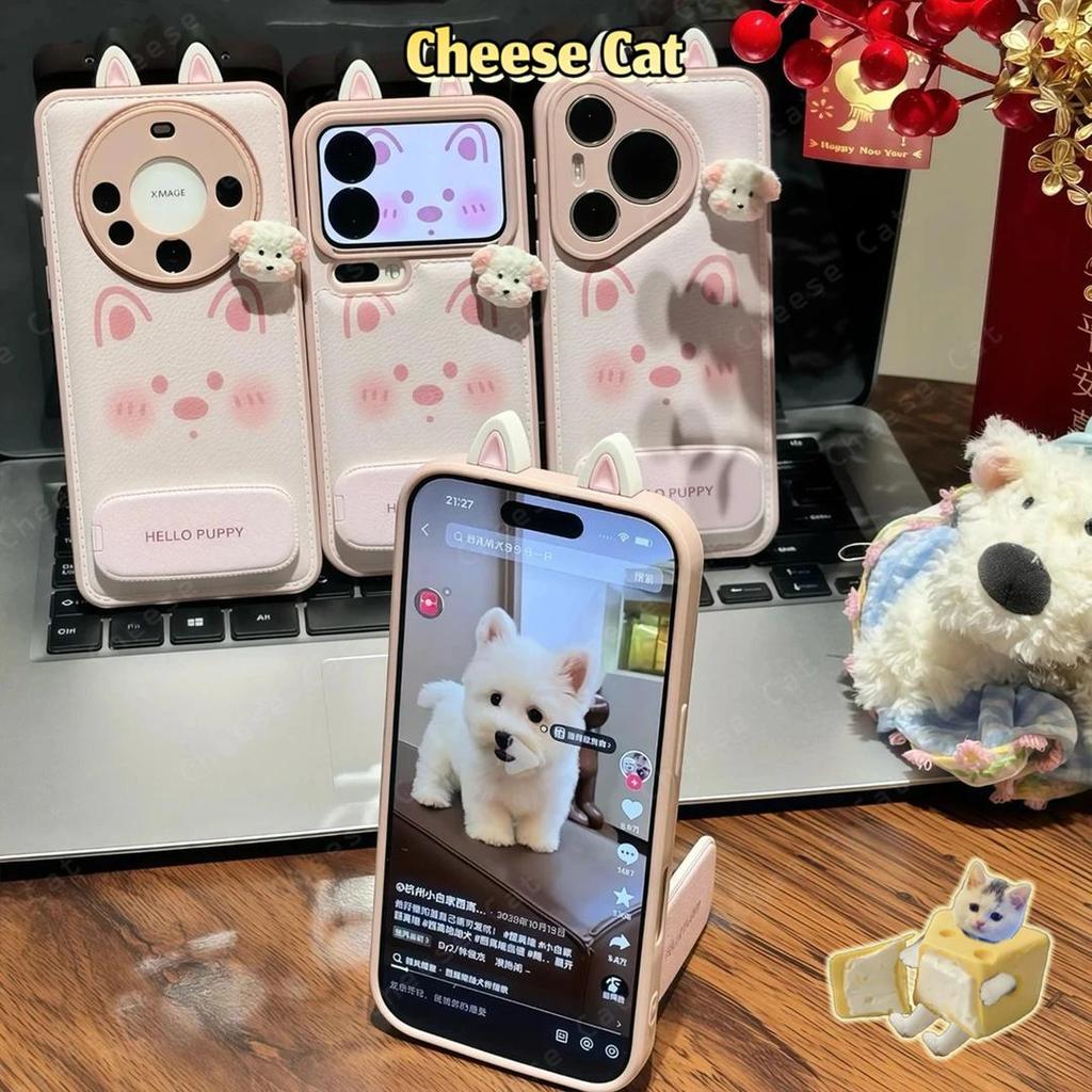 Gương Đứng Dễ Thương Tai Cún Con Màu Hồng Da Ốp Lưng Điện Thoại iPhone 17 11 12 13 14 15 Plus Xs Max XR 7Plus 16 Pro Max