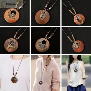 Dây chuyền áo len EDIWANY, Mặt dây chuyền quần áo tròn dân tộc cổ điển, Mặt dây chuyền bằng gỗ Dây da cổ điển dành cho nữ Cô gái