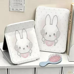 Gương gấp in thỏ trắng cầm dao nĩa đơn giản, gương trang điểm mini tiện lợi ký túc xá