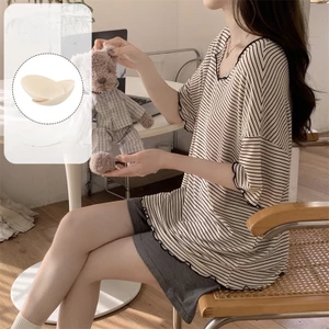 Bộ đồ ngủ ngắn tay sọc dành cho nữ có đệm ngực tích hợp cho phong cách mỏng trong nhà hàng ngày tại nhà thường ngày Mùa hè Giải trí Dịp