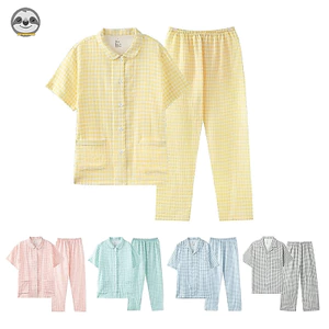 Phong cách Nhật Bản Muji Style / Bộ đồ ngủ đôi sợi Cotton đã giặt / Quần ngắn tay Cotton nguyên chất Đồ mặc nhà cho cặp đôi mùa hè