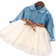 ✿ Bé Gái Denim Áo Tulle Chắp Vá Đầm Peter Pan Cổ Áo Chấm Bi Nơ Mềm Mại Trẻ Em Đầm Công Chúa