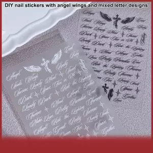 Cá Tuyết Đen trắng thư từ móng tay dán đôi cánh thiên thần thư hỗn hợp thiết kế Holographic Y2K Nail DIY trang trí dán