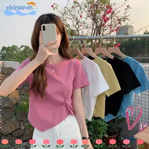 EBINLANDS Tay Ngắn Eo Cao, Áo Thun Không Đều Đơn Giản Mùa Hè, Sinh Viên Hợp Thời Trang Ngắn Top Street