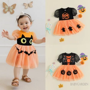 6m-4Y Bé Gái Halloween Váy tuyn Tay Ngắn Mèo Đen In Hình Họa Tiết Dơi Ma Quái