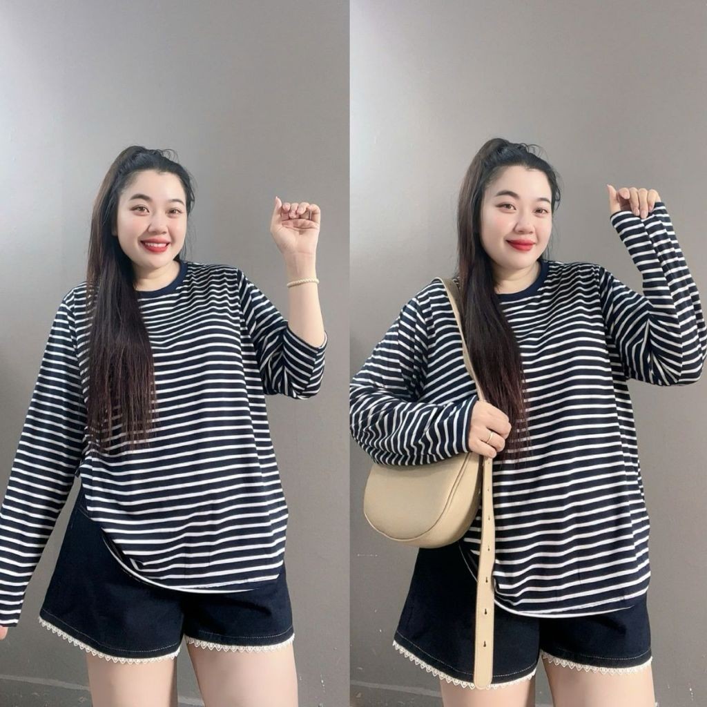 Áo thun Nữ Bigsize CÔ NHỎ Phom Rộng Dài Tay Cổ Tròn Kẻ Sọc Thun Cotton Co Giãn Nhẹ - A296