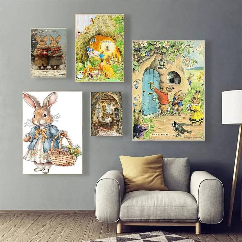 Peter Thỏ Whimsical Bunny Vintage Cảnh Canvas Tranh Nghệ Thuật Nhà Trang Trí Tường Canvas Poster