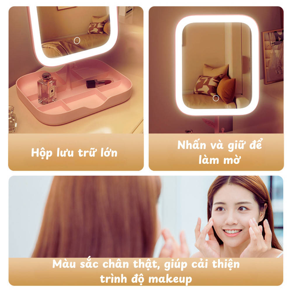 Gương Trang Điểm Để Bàn Có Đèn LED Xoay 360° Kèm Khay Đựng Đa Năng – Gương Makeup Siêu Sáng