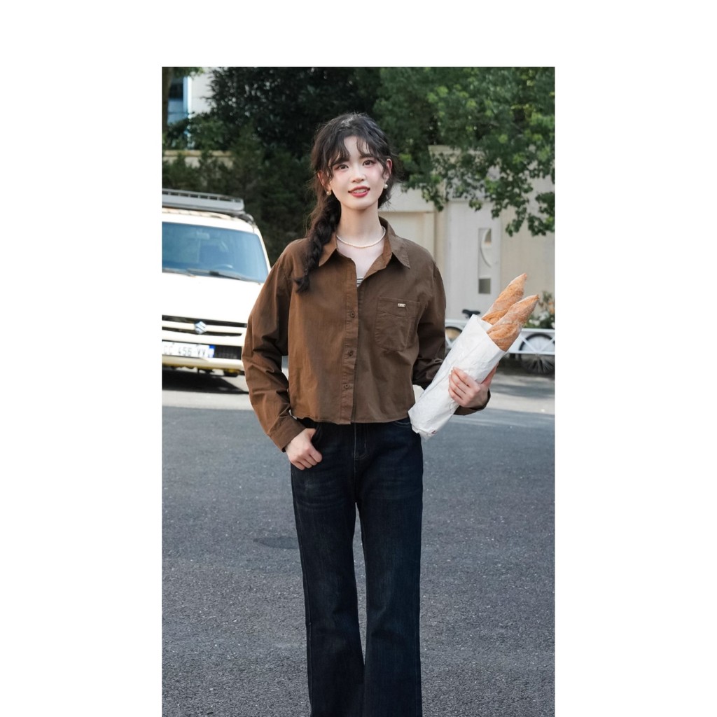 Mutu Áo sơ mi khoác nữ màu cà phê retro, thiết kế sọc vest camisole, phù hợp mùa xuân 2026