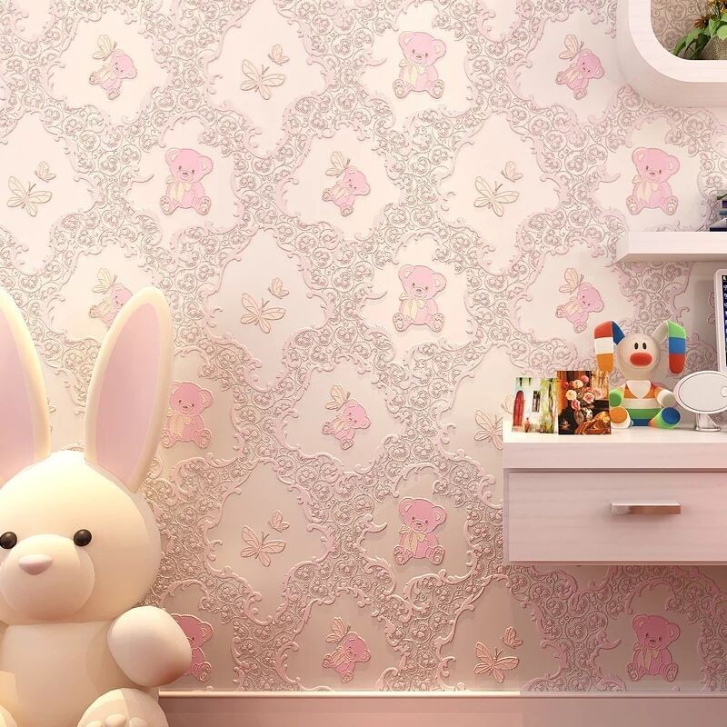 Giấy dán tường phòng trẻ em | Hình gấu dễ thương | Giấy dán tường màu hồng trang trí phòng ngủ